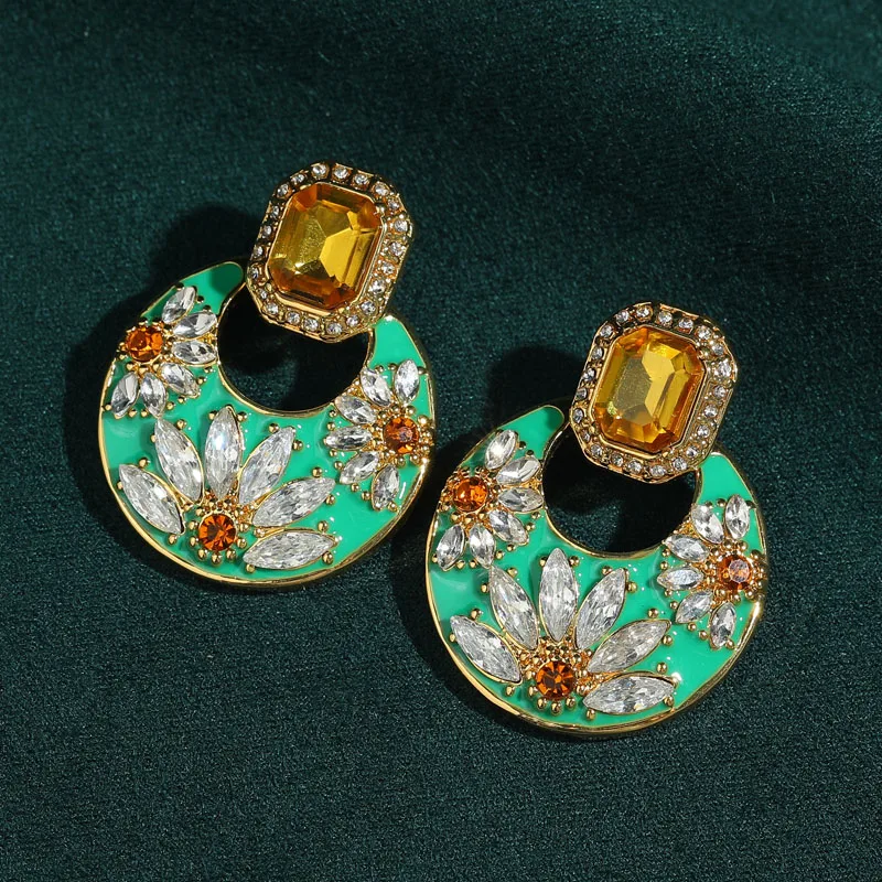 

Round Earrings Vintage Yellow Crystal Jewelry Green Enamel Luxury Large Drop Daisy Designer For Woman 2026 Birthday Gifts New