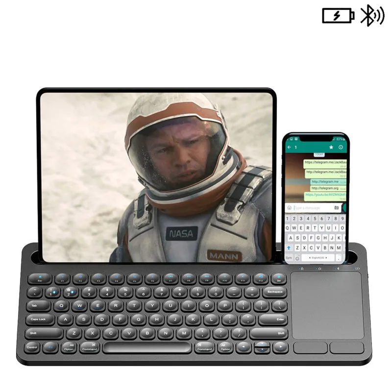 Wireless Touch Keyboard with Built-In Multi-Touch Touchpad and Phone Tablet Holder, Support for Android, iOS and Windows