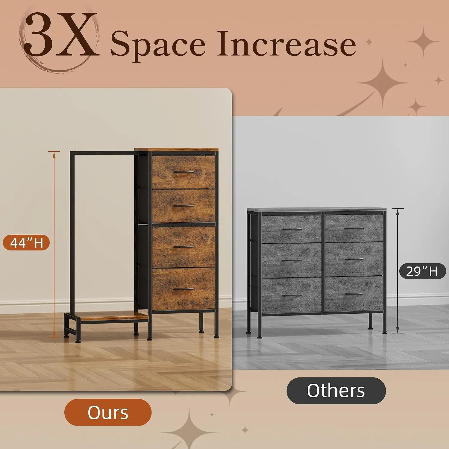 Tall Dresser 44''H with Hanging Rack, 4 Drawers Small Closet Dresser for Bedroom, Reversible Fabric Chest of Drawers