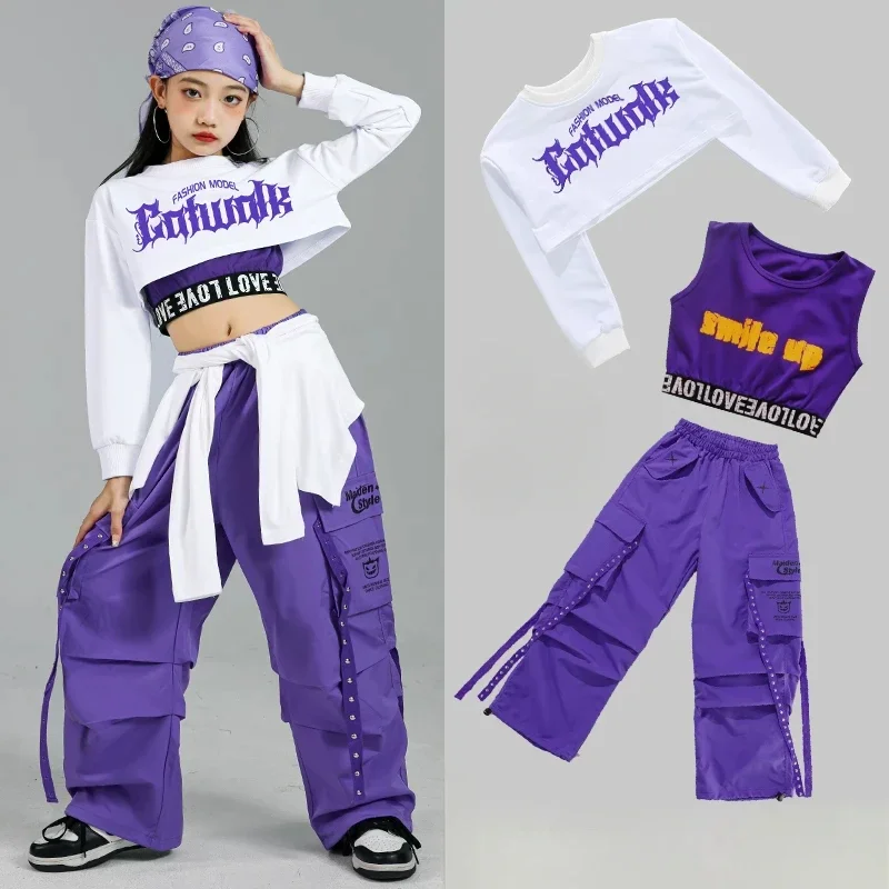 Hip Hop Girls Fashion K-pop Crop Top Purple Cargo Pants Children Street Dance Outfits Kids Streetwear Group Jazz Clothes Sets