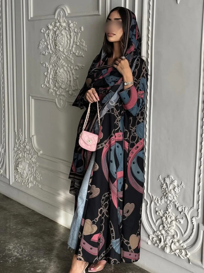 Eid Abaya Women Print Cardigan Dress Headscarf 2 Piece Set Muslim Dubai Morocco Kaftan Ramadan Saudi Robe Open Vestidos Largos