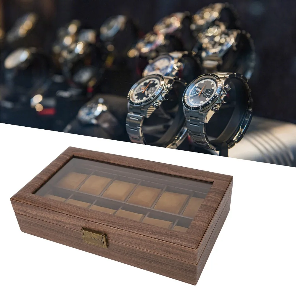 

Practical Walnut Wood Watch Box Transparent Dustproof Storage Box 12 Slots Organizer Storage Use