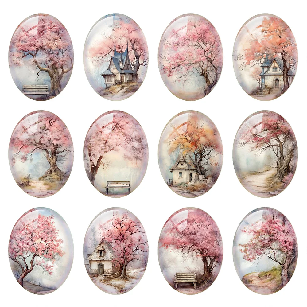 Random Mixed Round/Oval/Square Cherry Blossom Trees Peach Spring Photo Glass Cabochon Flatback Demo Cameo For Diy Jewelry Making