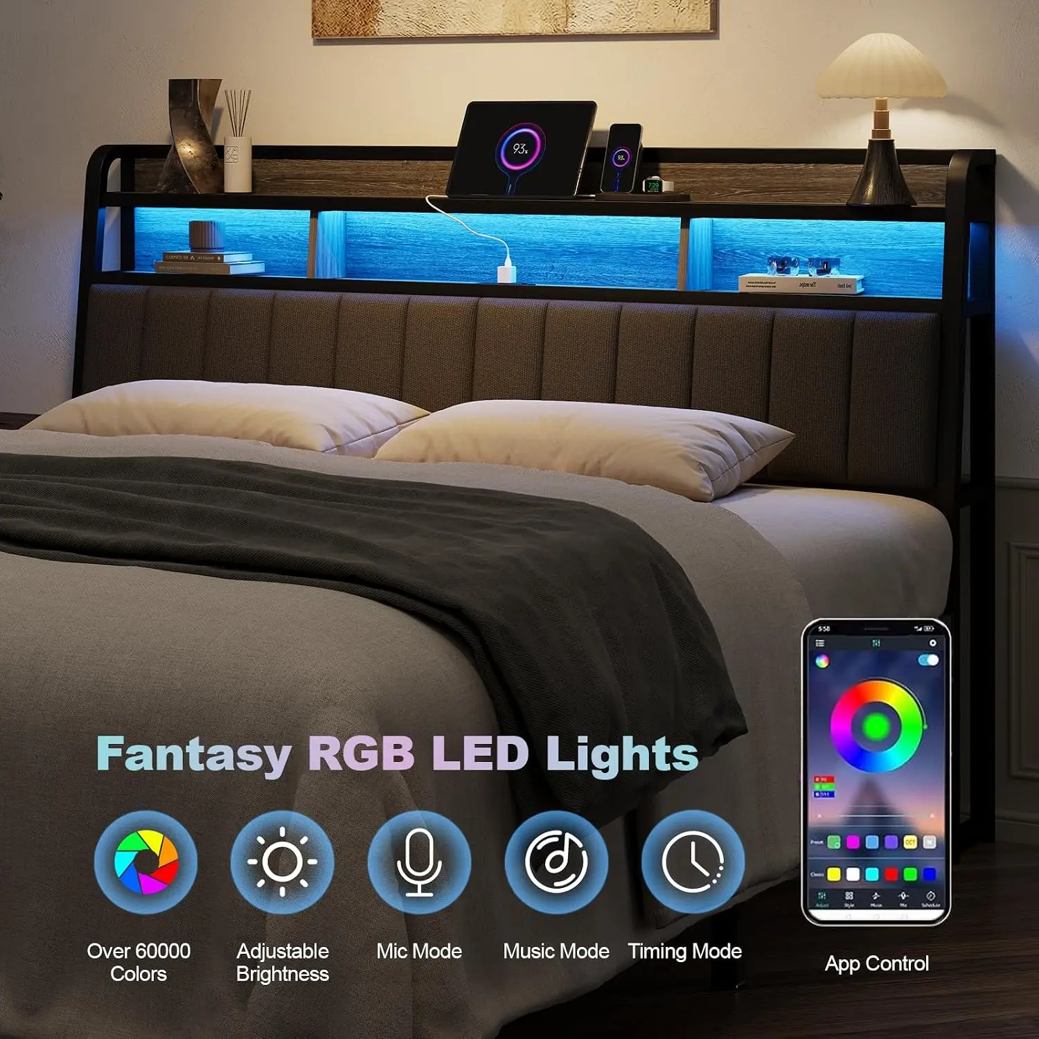 Headboard Only with Storage, Upholstered Headboards for King Size Bed with LED Light, Charging Station, Customized image 3