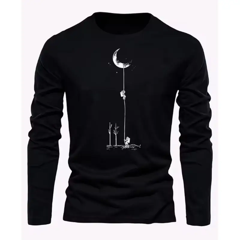 100% Pure Cotton Men's Long Sleeved Round Neck Loose Landing Moon Pattern Printed Spring and Autumn Versatile T-Shirt Top