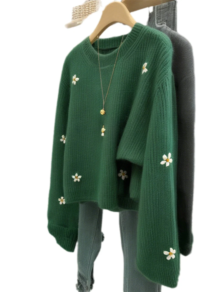 

Дизайнерский вязаный свитер с цветочной вышивкой, новый осенне-зимний женский пуловер с круглым вырезом в стиле ретро, элегантный универсальный топ