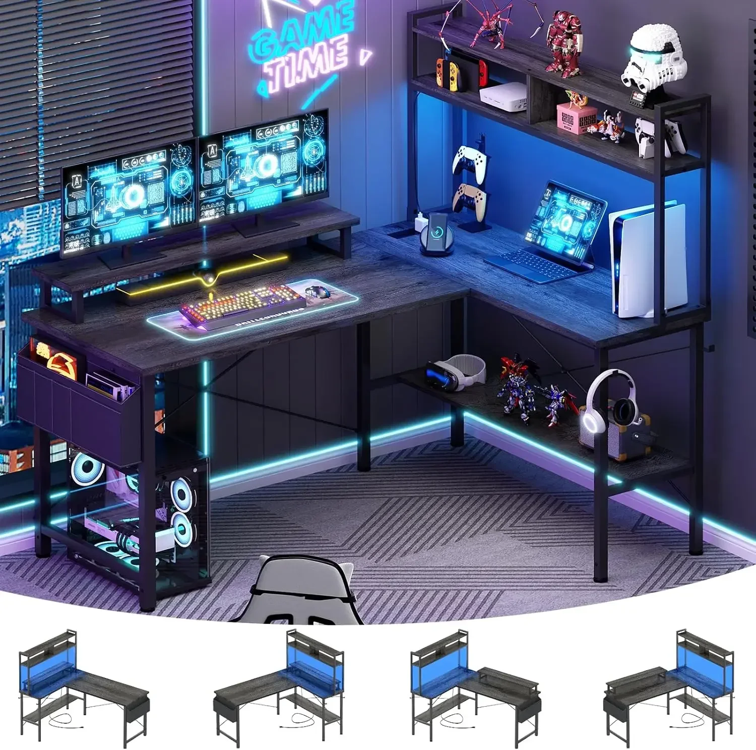 

Игровой L-образный стол с розетками и LED-подсветкой, компактный угловой компьютерный стол с подставкой для монитора и местом для хранения