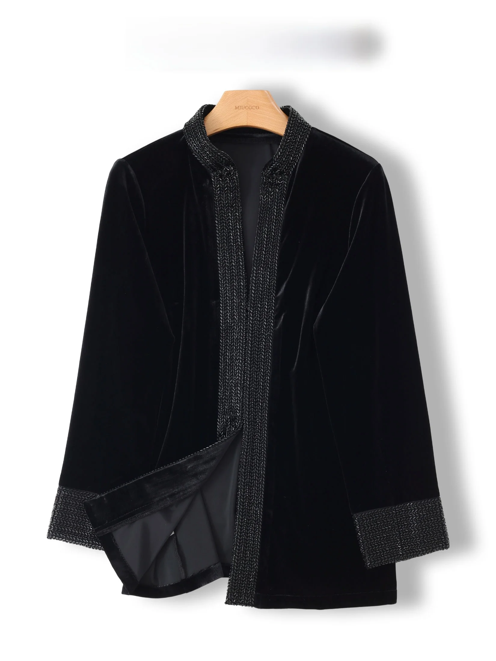 Elegant Black Casual Women's Jacket Large Size Embellished Open Cardigan Long Sleeve Stand Collar Regular Length Outerwear