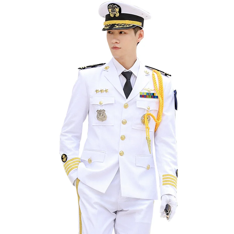 Captain Costume Air Force White Uniform Set Male Aviation Airline Pilot Flight Attendant Uniform Officer Cosplay Costumes