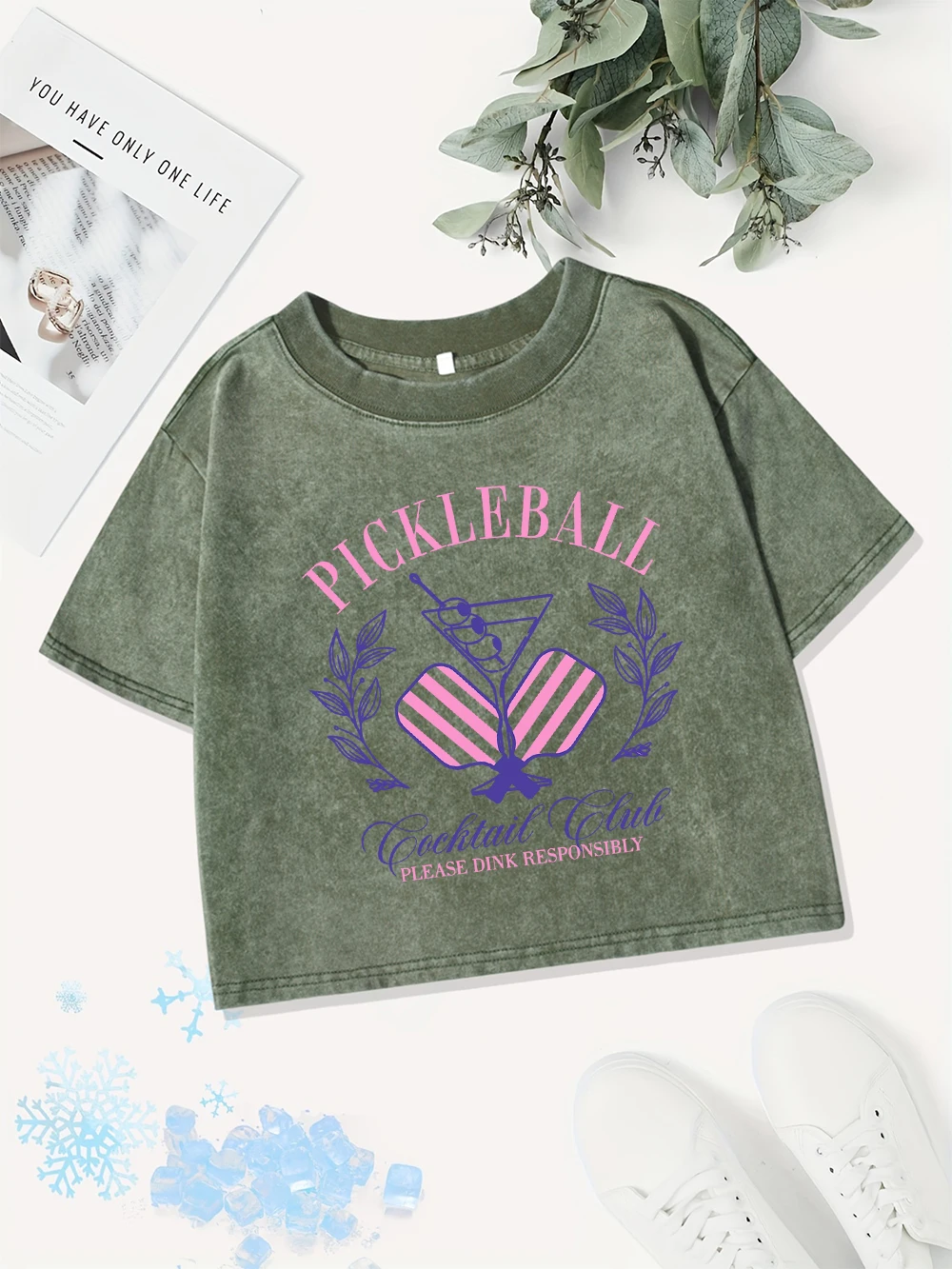 

Y2K Cotton Crop Tops Womens Pickball Cocktail Club Prints Washed T-Shirts Casual O-Neck Regular Fit Streetwear Street Clothes