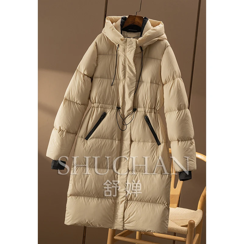 Piumino lungo con cappuccio in piuma d'oca 90 leggero e caldo da donna Casaco Feminino Abrigos Mujer Invierno Cappotto invernale da donna