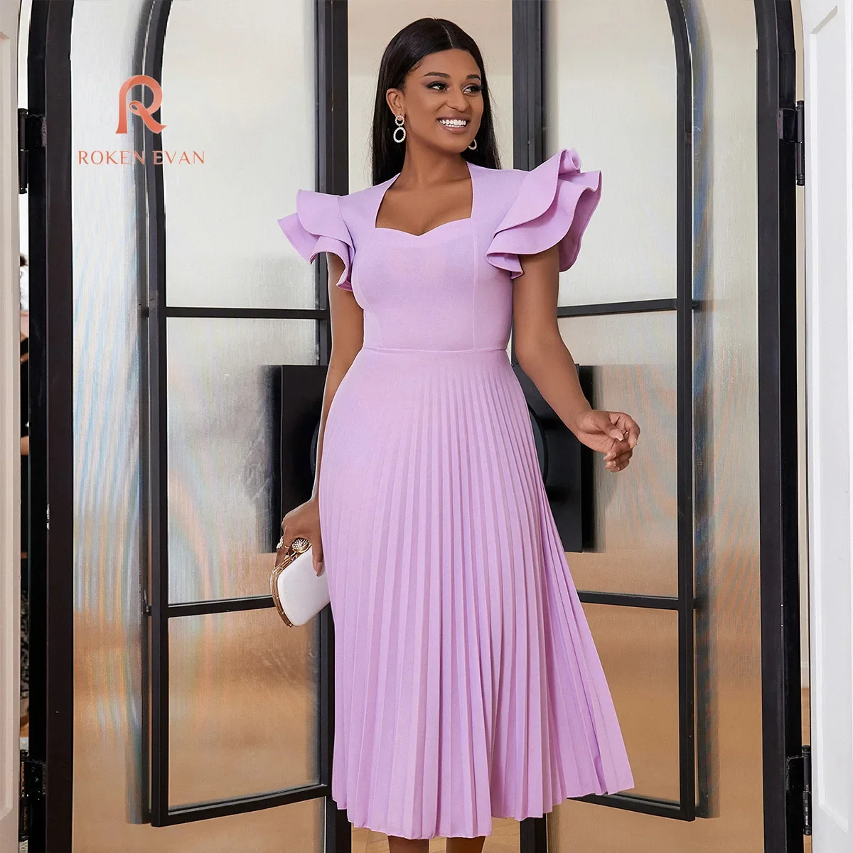 

Roken Evan 2024 Ramadam Purple Square Collar Dress Pleated Short Sleeve High Waist A Line Middle Office Evening Dress Muslim