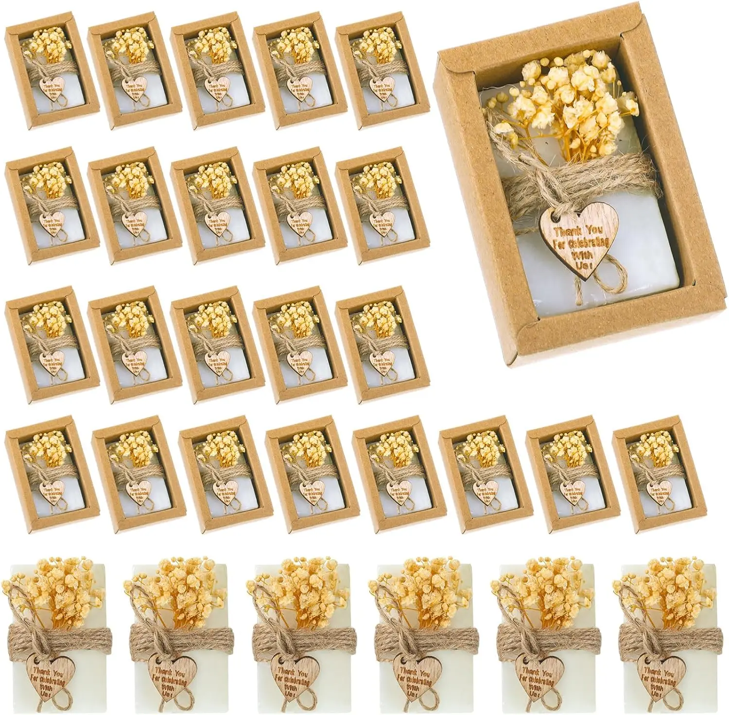 

30 Pcs Mini Scented Soap Party Favors with Dried Flowers, Thank You Tags for Weddings, Baby Showers, and Events - White