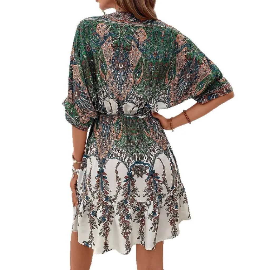 تنورة طويلة برقبة على شكل حرف V بتصميم عتيق على الطراز العرقي بخصر عالٍ وحاشية كبيرة فستان بوهيمي مزين بالزهور لأزياء نسائية الشاطئ