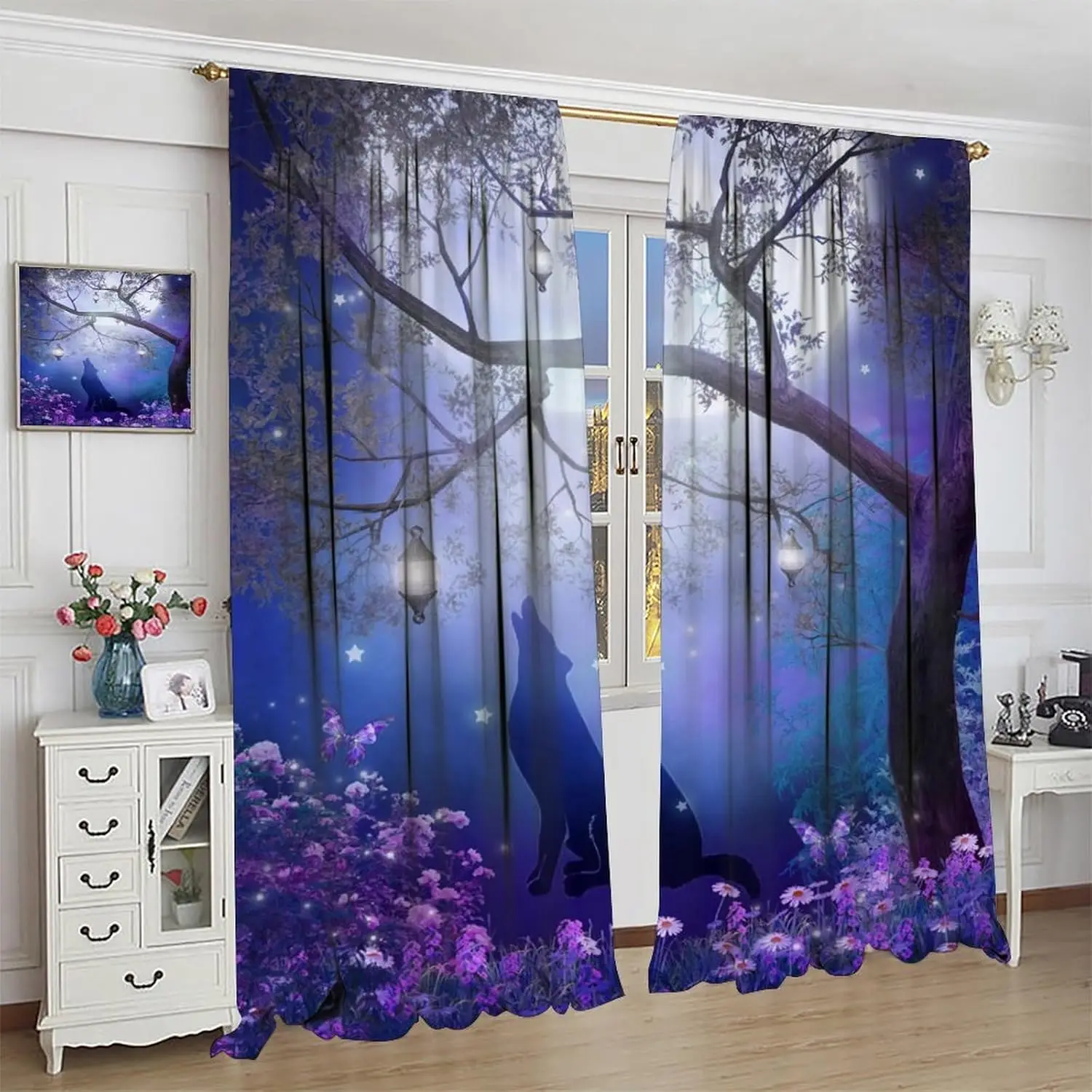 Wolf Curtains Magical Forest Night Starry Moon Star Purple Misty Tree Flower Butterfly Pattern Print Decor Rod Pocket Window