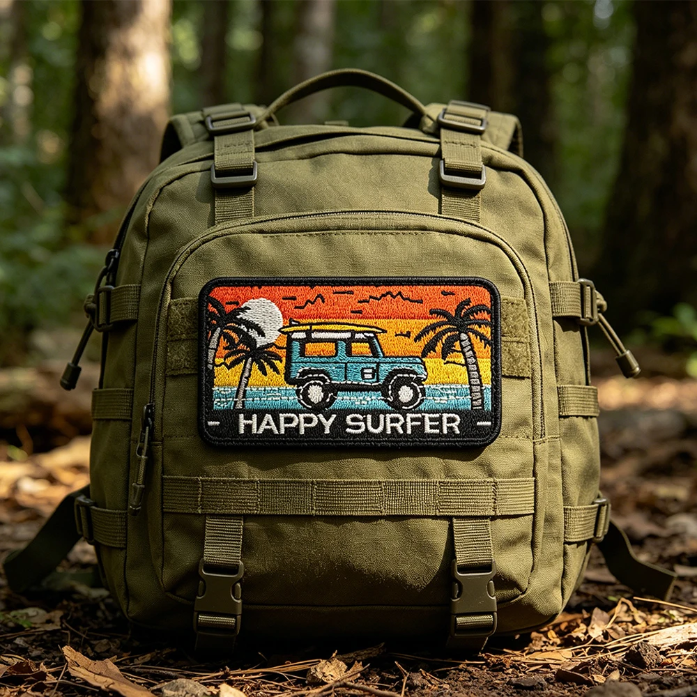 Happy Surfer Embroidered Patch – Retro Off-Road Car on Beach with Palm Trees Sunset and Waves Patch for Surfboard Bag