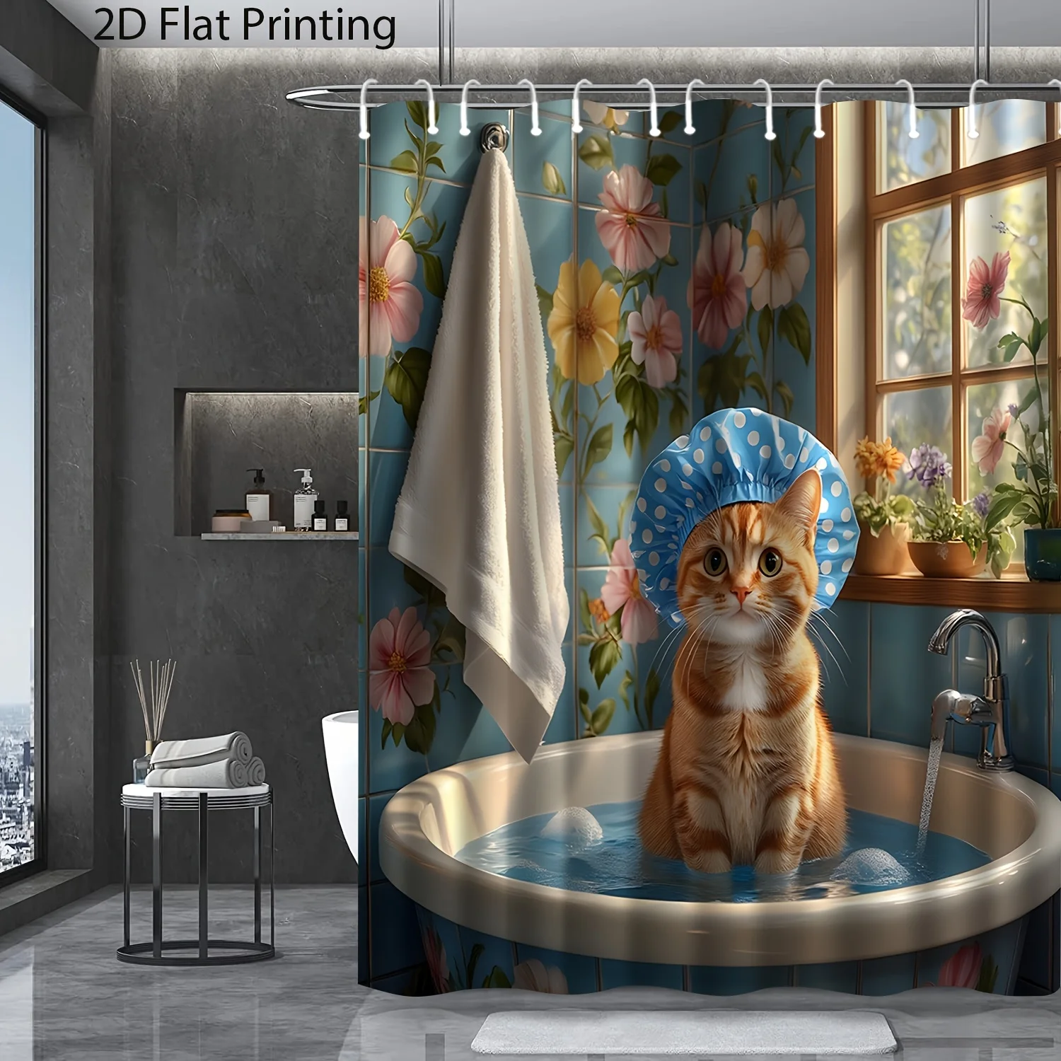 

Cute Cat Floral Shower Curtain Waterproof Funny Animal Print Bathroom Curtain Curtain Liner for Kids and Adult Home Decor