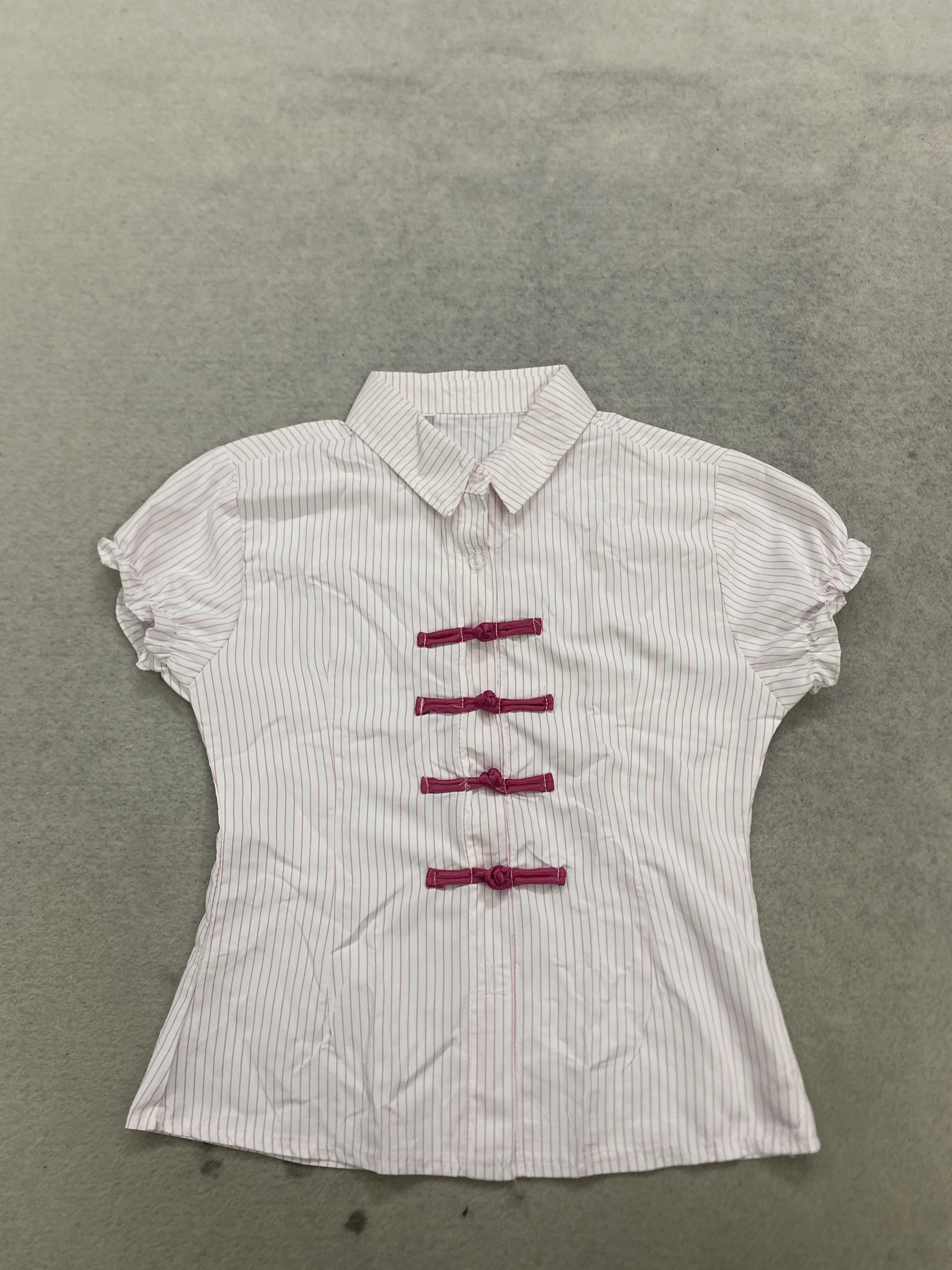 Pink‑White Vertical Stripe New Chinese Frog‑Button Ruffle Short‑Sleeve Blouse
