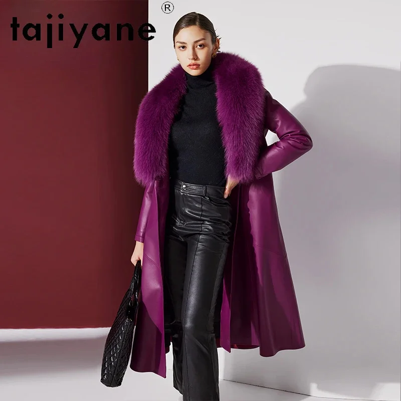 

Top Tajiyane Real Sheepskin Leather Jacket Women Warm Winter Long White Goose Down Coats Luxury Fox Fur Collar Purple Parkas