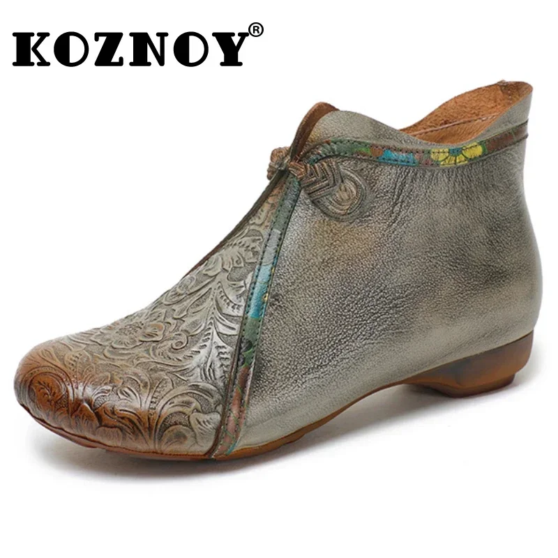 

Koznoy Women's Boots 3cm Genuine Leather Booties Luxury Designer Shoes Embossed Flower Fashion Ankle Ethnic Knot Autumn Spring