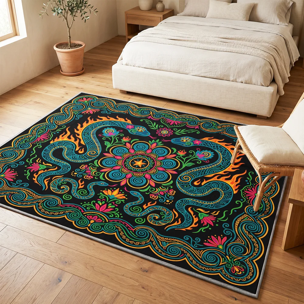 1pc, Bohemian Style Velvet Area Rug with Double Snake Floral Print, Soft Non-Slip Washable Carpet, Suitable for Indoor Living Ro