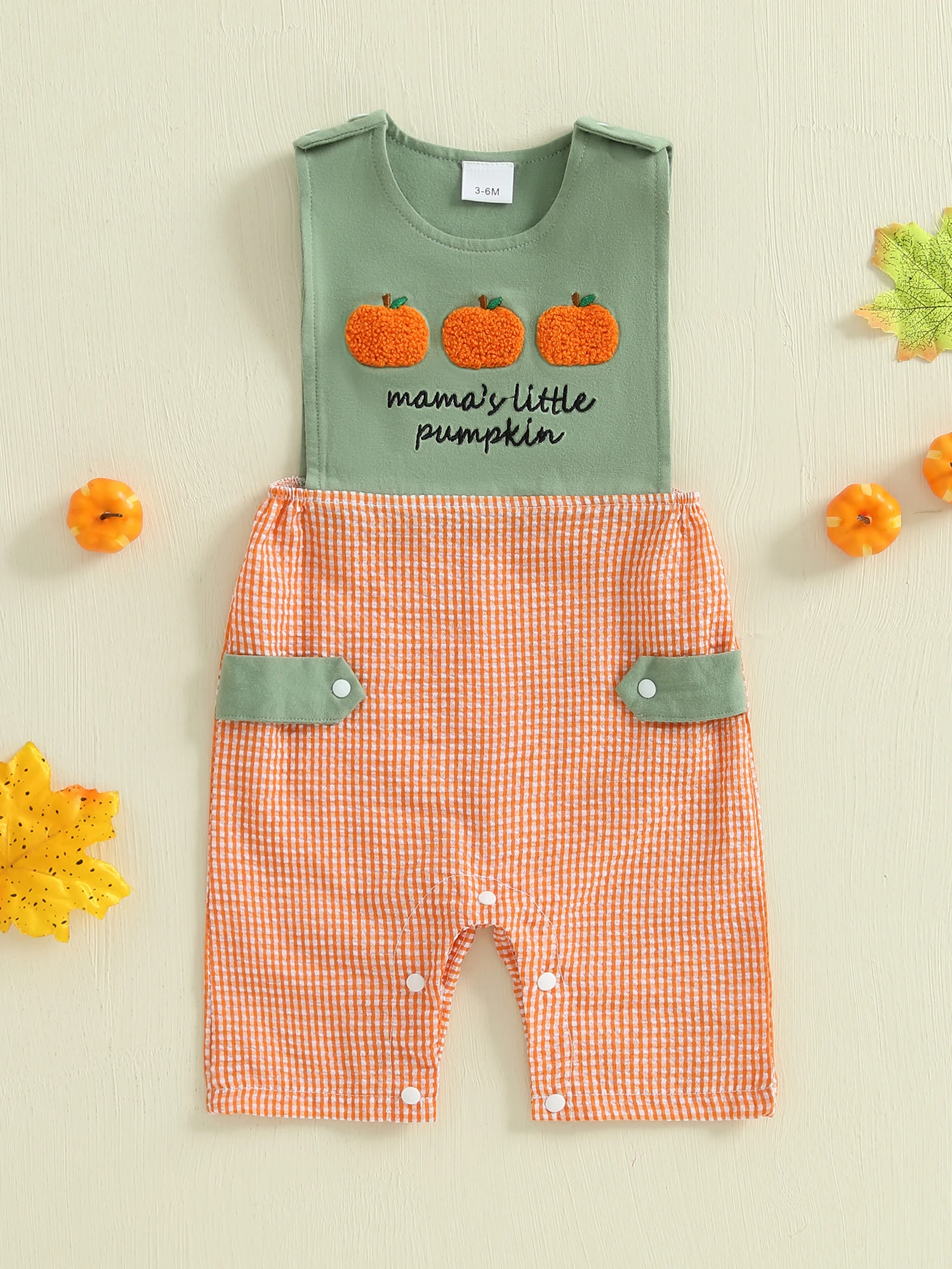 

Stylish Baby Boys Romper with Adorable Pumpkin Embroidery Sleeveless Design Round Neck and Trendy Plaid Pattern - Perfect