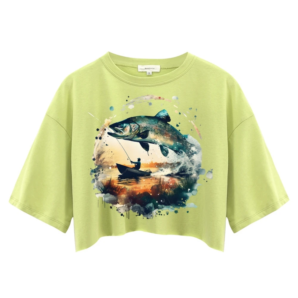 Trend, bijgesneden T-shirt, Y2K grafisch T-shirt, oversized dames T-shirt, schattige handgeschilderde vis, Koreaanse stijlkunst, zomer 2025, top