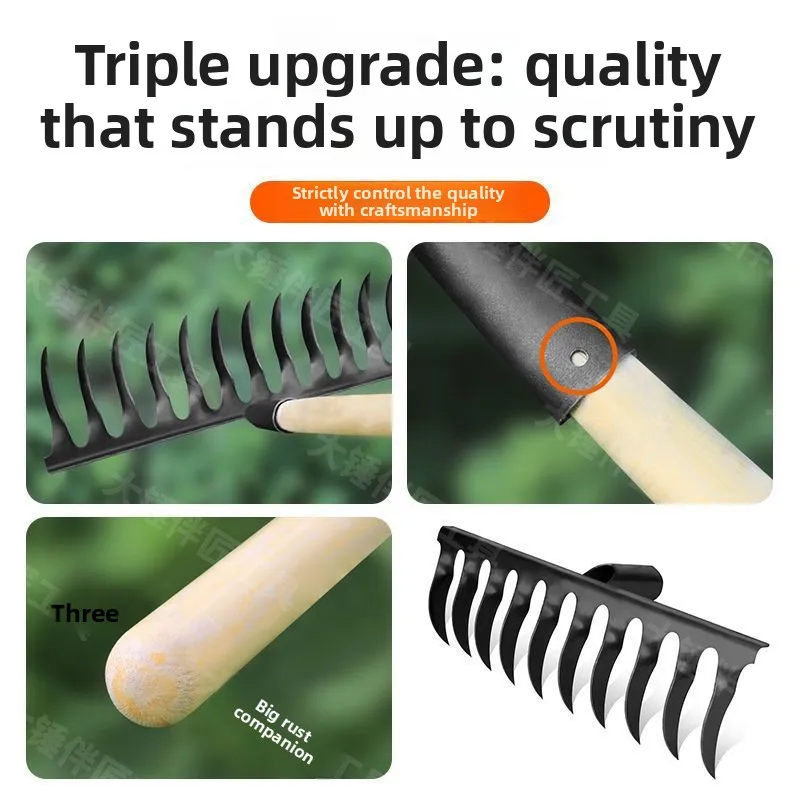 Vintage Tine Manganese Steel Rake Welded Agricultural Multi-functional Garden Rake Hardened Forged with Wooden Handle
