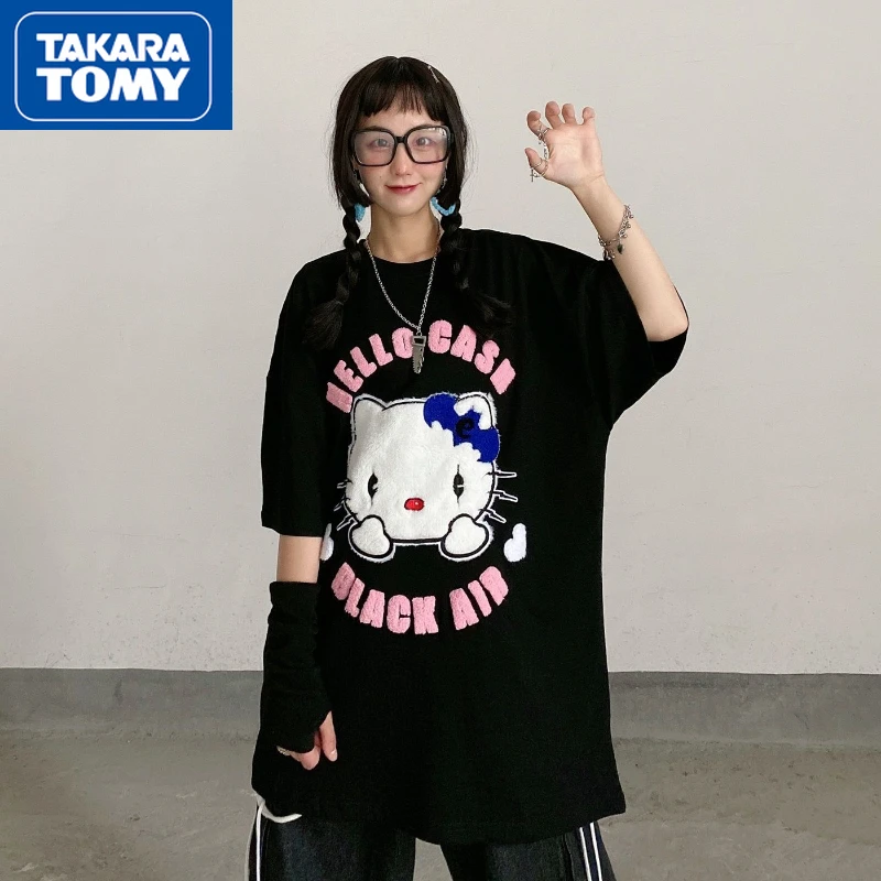 

TAKARA TOMY Summer Student Three-dimensional Embroidery Over Sized Couple Short-sleeved T-shirt Cotton Black Bottoming Top