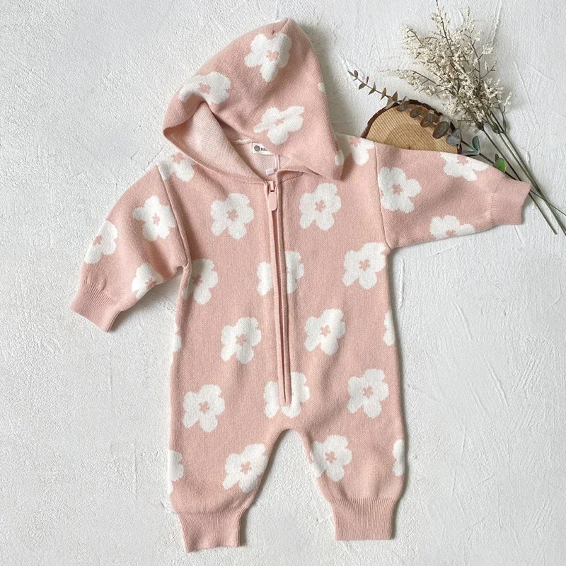 الرضع فتاة مقنعين متماسكة بذلة الخريف الطفل متماسكة رومبير سستة الوليد زهرة طباعة سترة هوديي طويلة الأكمام طفل الملابس #3
