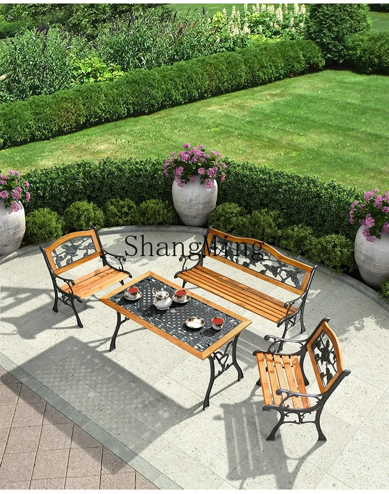 مسند ظهر خشبي CL، مقعد طويل، طاولة وكرسي للترفيه في الهواء الطلق #4