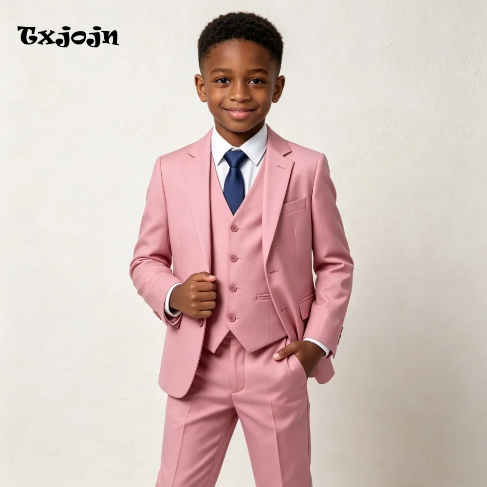 Casual Boys Suit Trend Pink Jacket Pants Vest 3 Piece Set Formal Blazer for Kids Wedding Tuxedo Suits 2-16 Years Custom Cloth