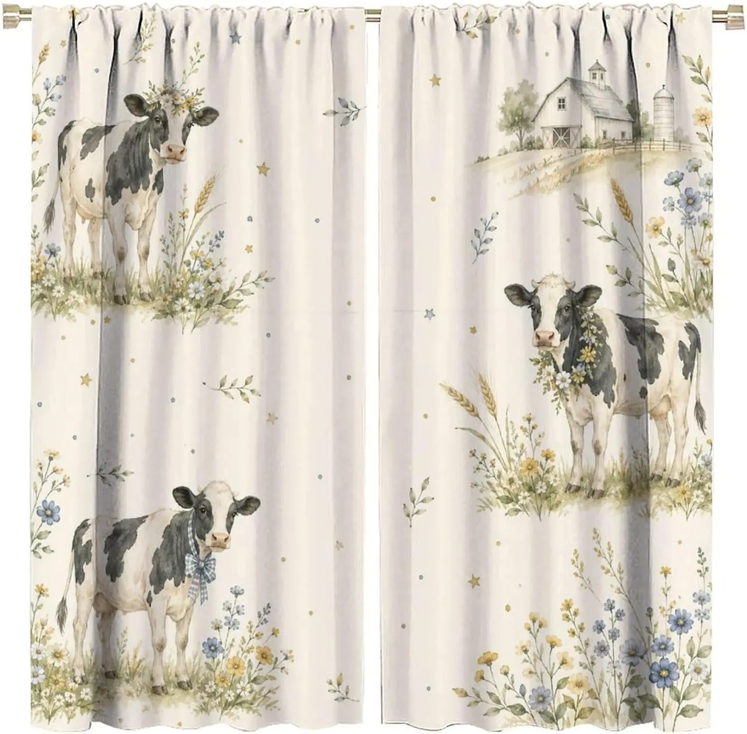 Rustic Farm Curtain Panels, Vintage Watercolor Cow Floral Farmhouse Barn Art Print Drapes for Living Room Window Home Decor