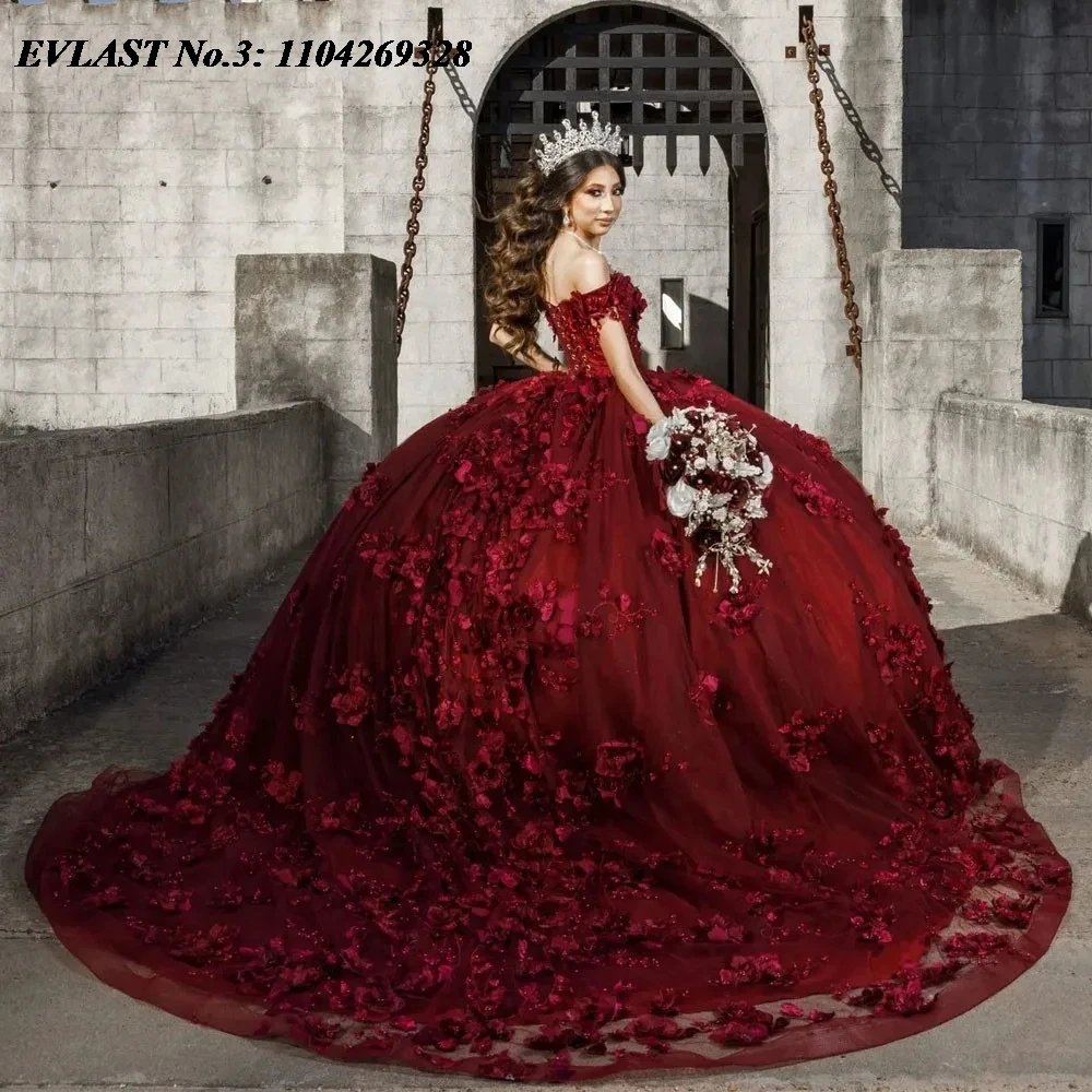 

EVLAST Customized Glitter Burgundy Quinceanera Dress Ball Gown Floral Applique Beaded Corset Sweet 16 Vestidos De 15 Anos E3Q89