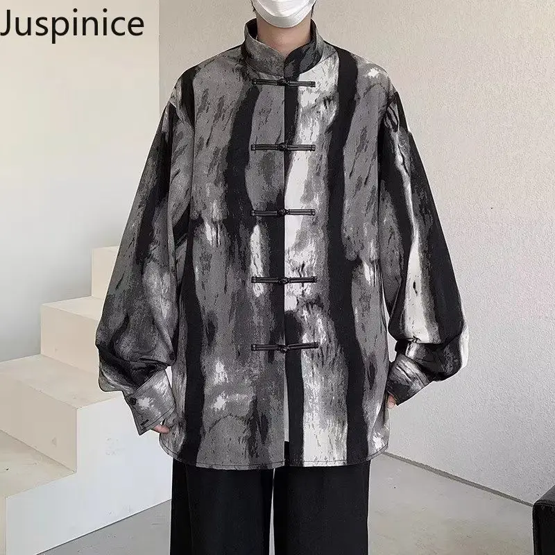 

Juspinice New Chinese Style Fashionable Men's Buttoned Jacket Ink Tie Dye for Spring Shoulder Pads and Stand Up Collar Jacket