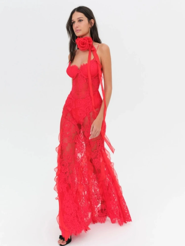 Sexy alças de espaguete renda vestido longo com colar de flores feminino vermelho sem mangas babados magro vestidos longos festa à noite cocktail