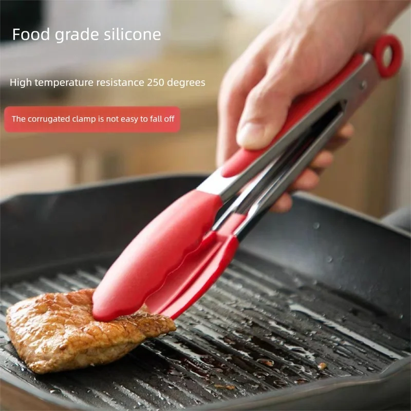 Food Grade Heat Resistant Silicone Tongs, 430 Stainless Steel BBQ Bread Clips with FCM Certification