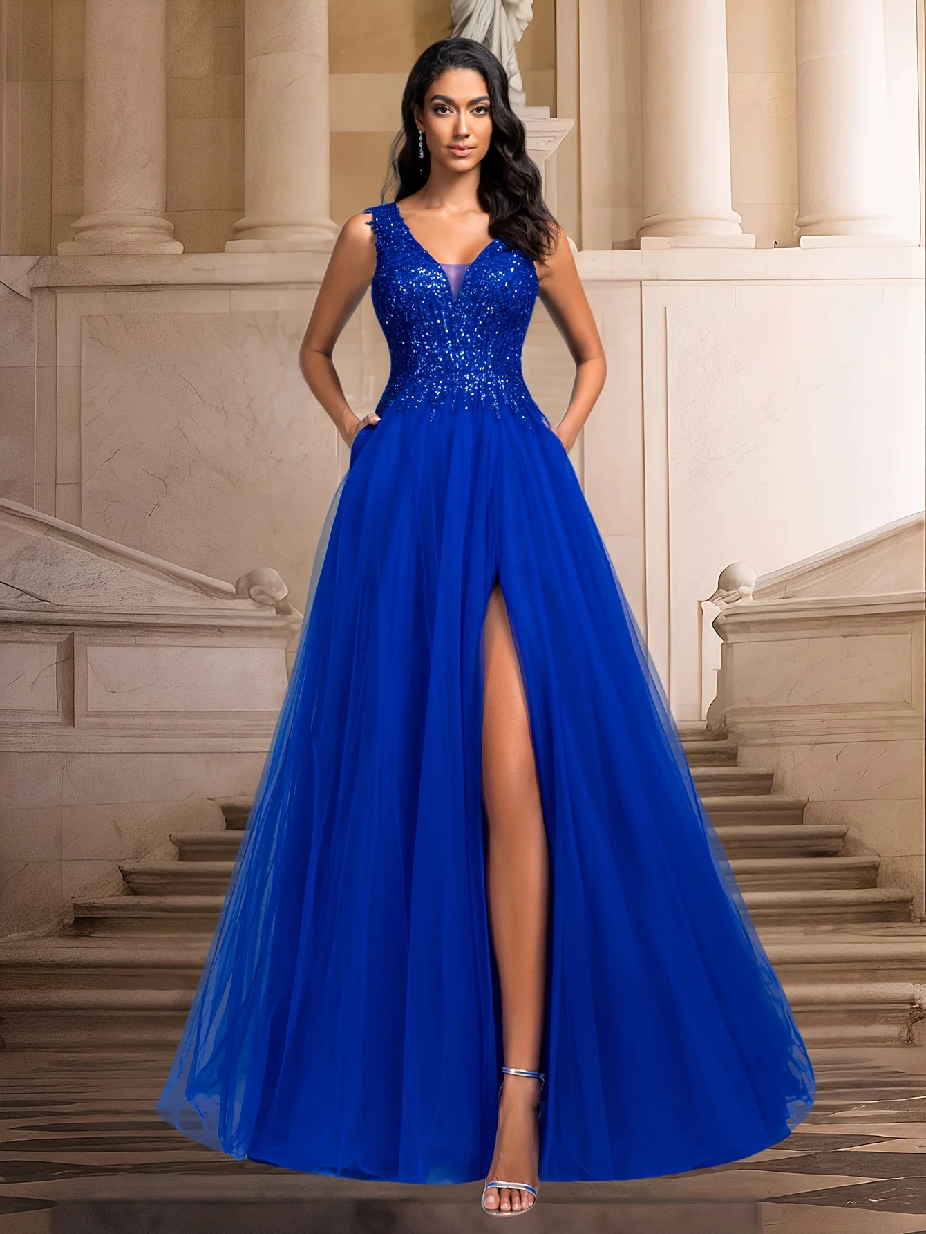 

Customized 2025 Blue Elegant Glitter V-neck Sleeveless A-line Women's Long Dress High Waist Trumpet Dress Formal Evening Dress