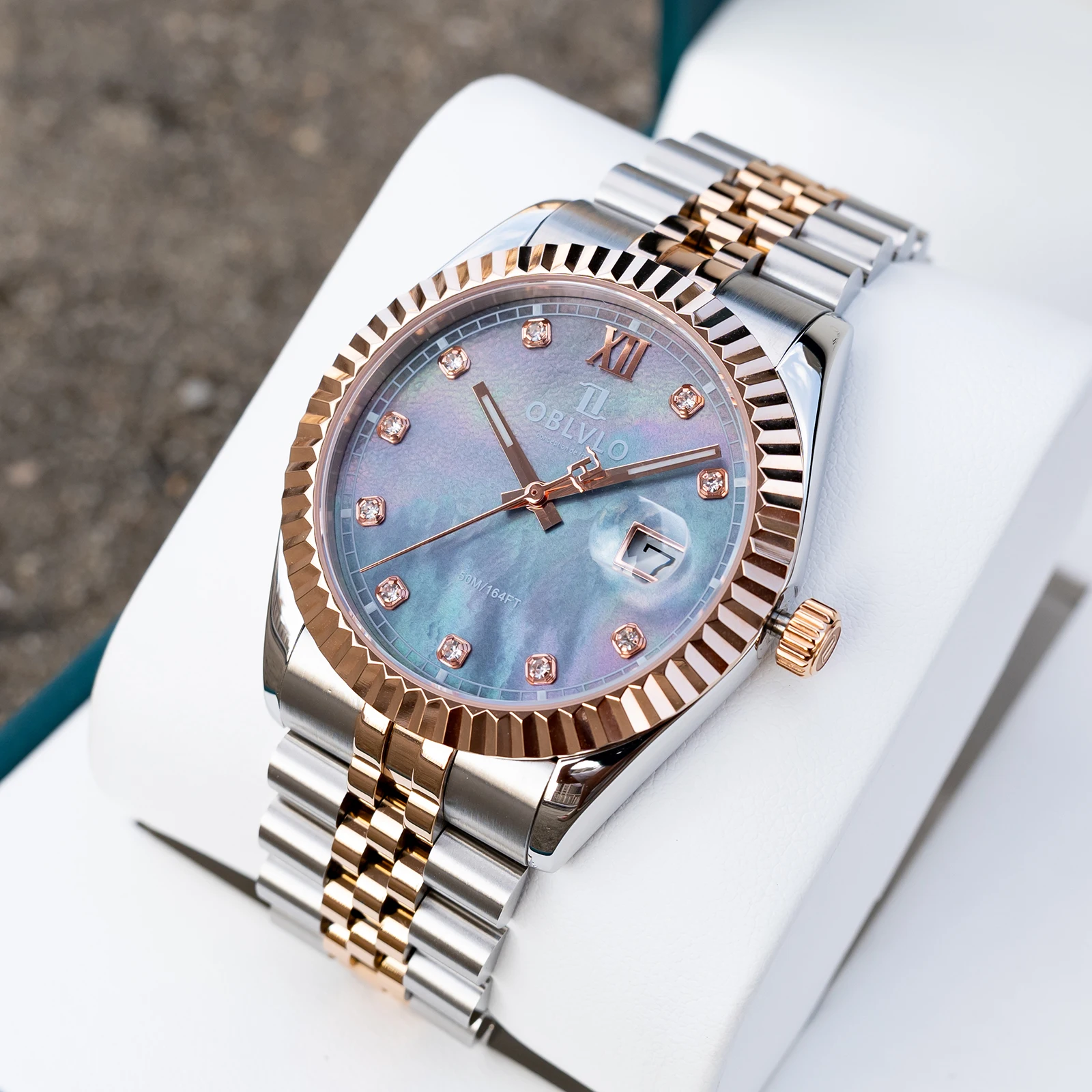 OBLVLO Mens Elegant Two Tone 39mm MOP Dial Bracelet Quartz Watch with Date Fashion Sapphire Crystal Business Clock for Men RX-PE