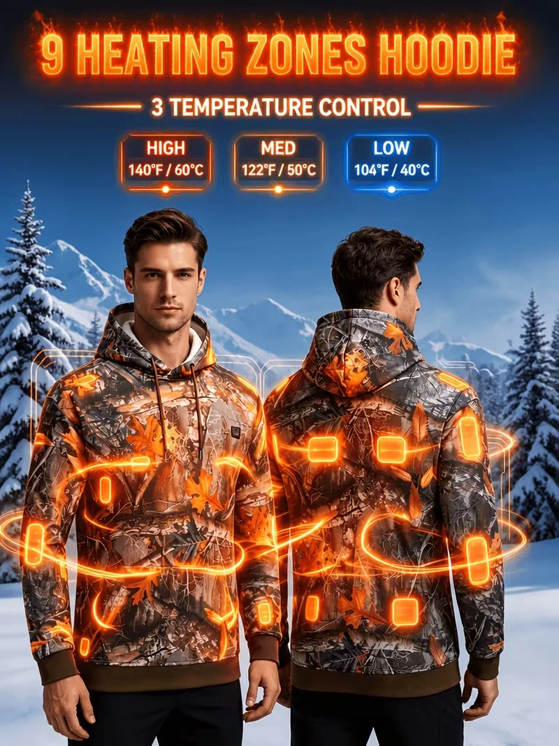 Men's Heated Hoodie with 9 Heating Zones Camouflage Leaf Print Smart Temperature Control Three Levels Winter Outdoor Hunting Warmth (Battery Not Included)