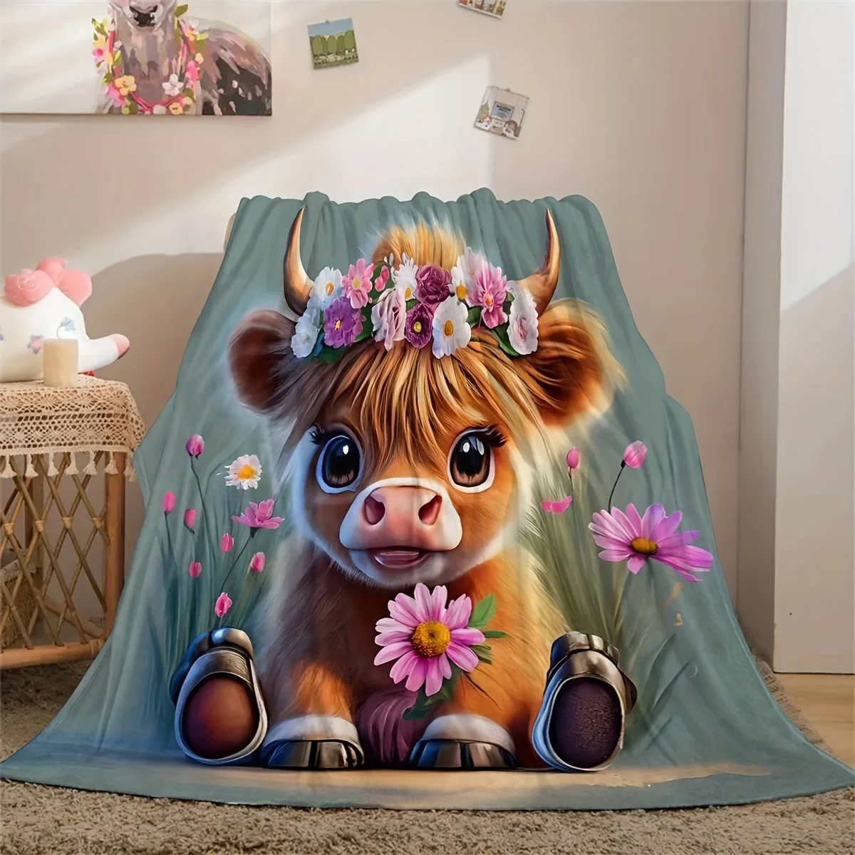 1PC Comfortable and Ultra-Soft Highland Cow Rose Method Soft and Durable Flannel Blanket Perfect for sofas, camping and travel