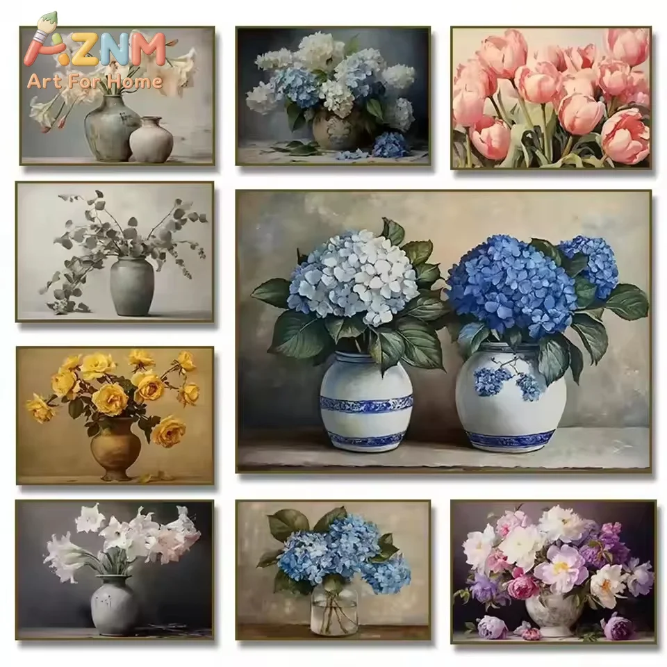 AZNM Canvas Painting Vintage White Peony RoseTulips hydrangea Living Room Room Poster Home Decoration