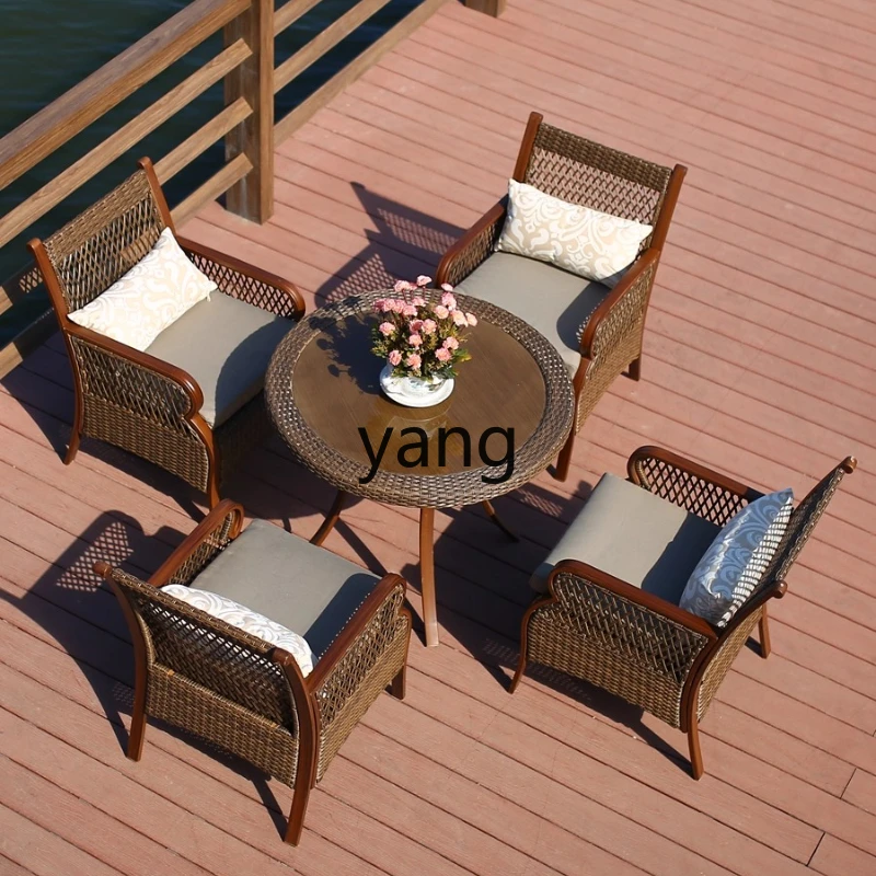 

LH Outdoor Rattan Table and Chairs Set for Courtyard, One Table and Four Chairs, New Chinese Style Leisure Balcony Tea Table