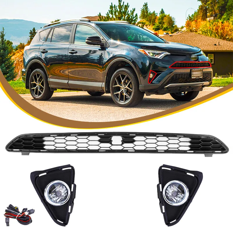 

Fit 2016-2018 Toyota RAV4 Front Bumper Chrome Fog Light & Upper Grille Grill