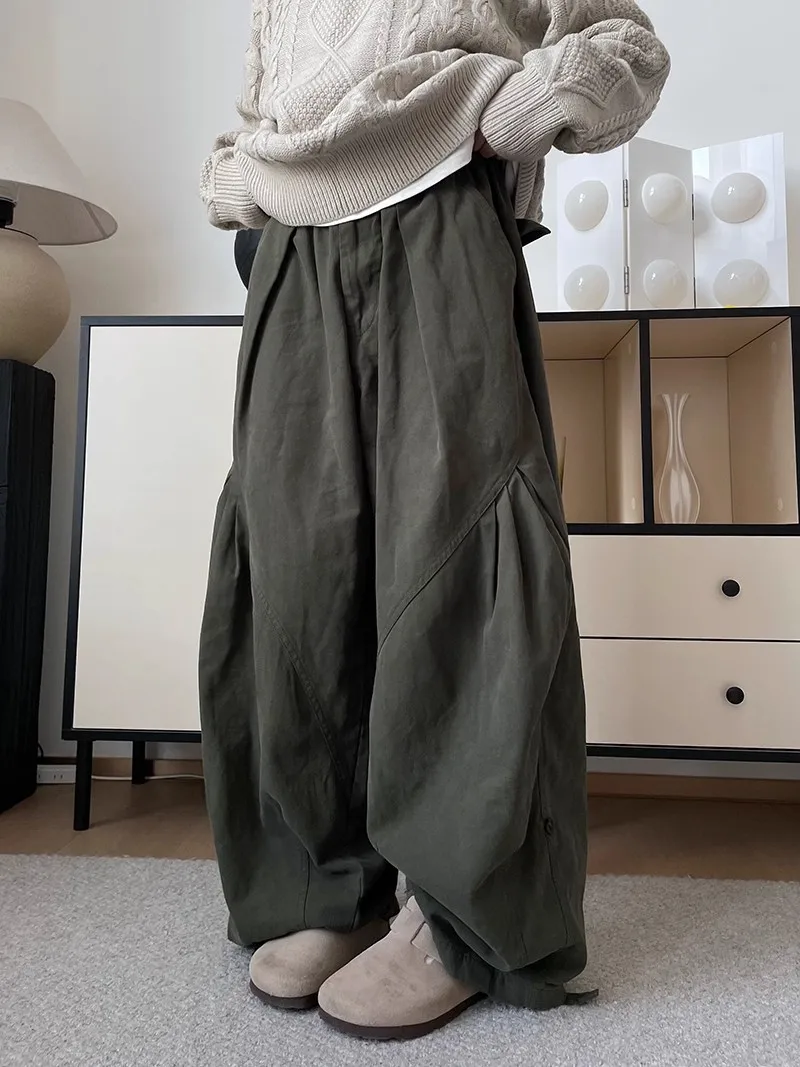 

Loose Wide Leg Pants Men's Casual Elastic Waist Pleated Draped Straight Cotton Workwear Trousers Japanese Retro Sle