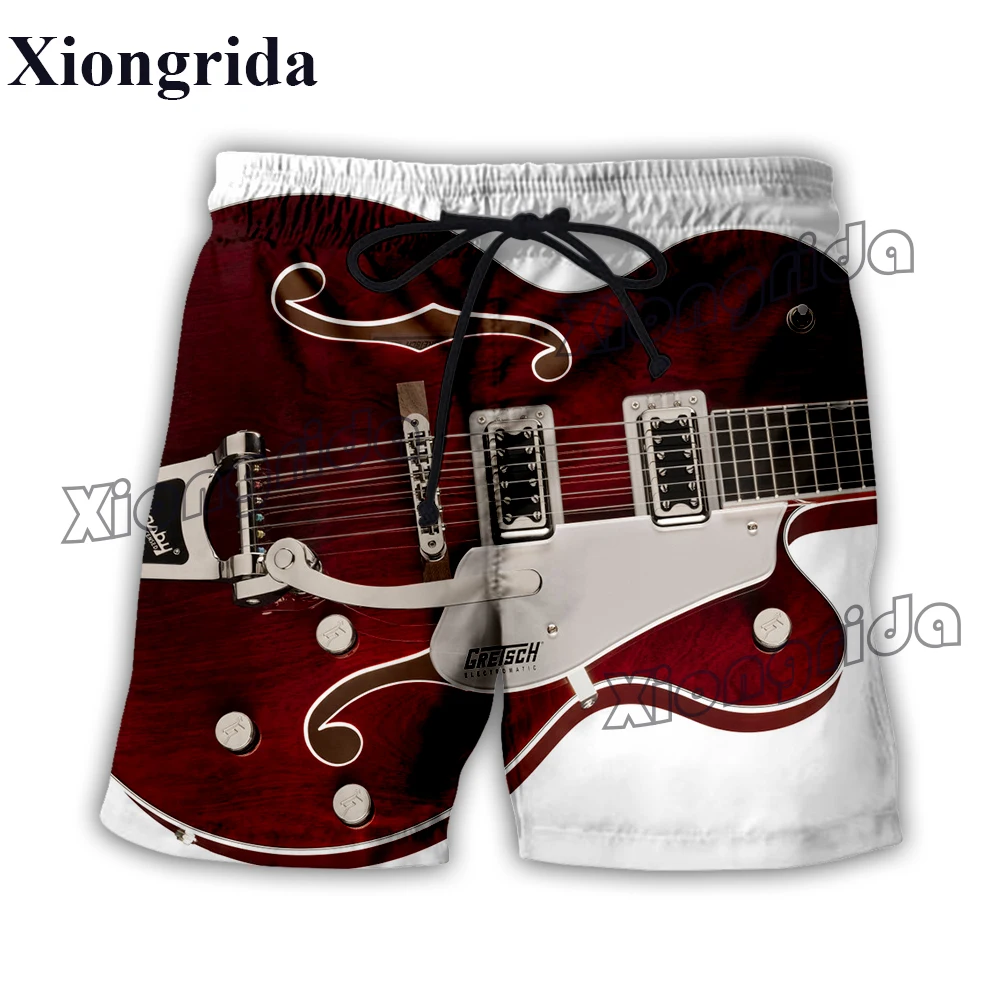 Summer Mens Guitar Print Shorts Guitar and Fire 3D Print Board Shorts Musical Instrument Beach Harajuku Swimming Trunks