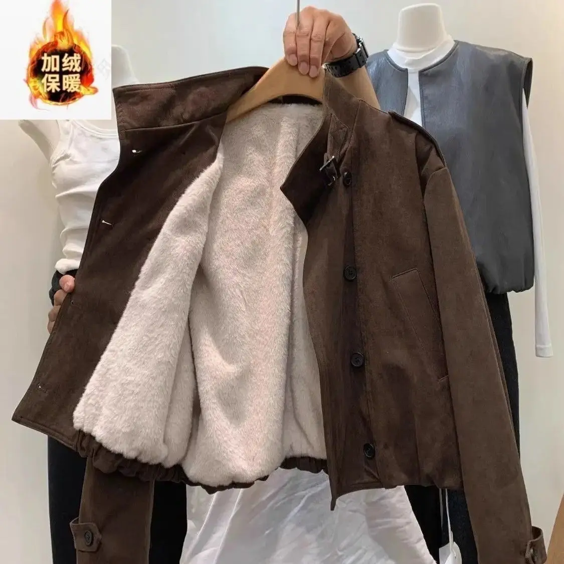 Lined Thickened Imitation  Jacket For Women 2026 Winter New Stand Collar Double-Breasted Warm Short  Coat