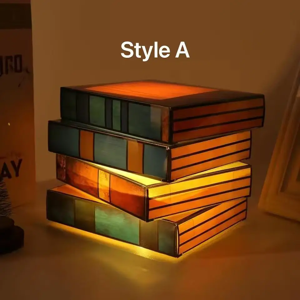 Vintage Stacked Books Lamp Decorative Handicraft Stacked Books Light Stained Glass Table Reading Light Nightstand Desk Lamps