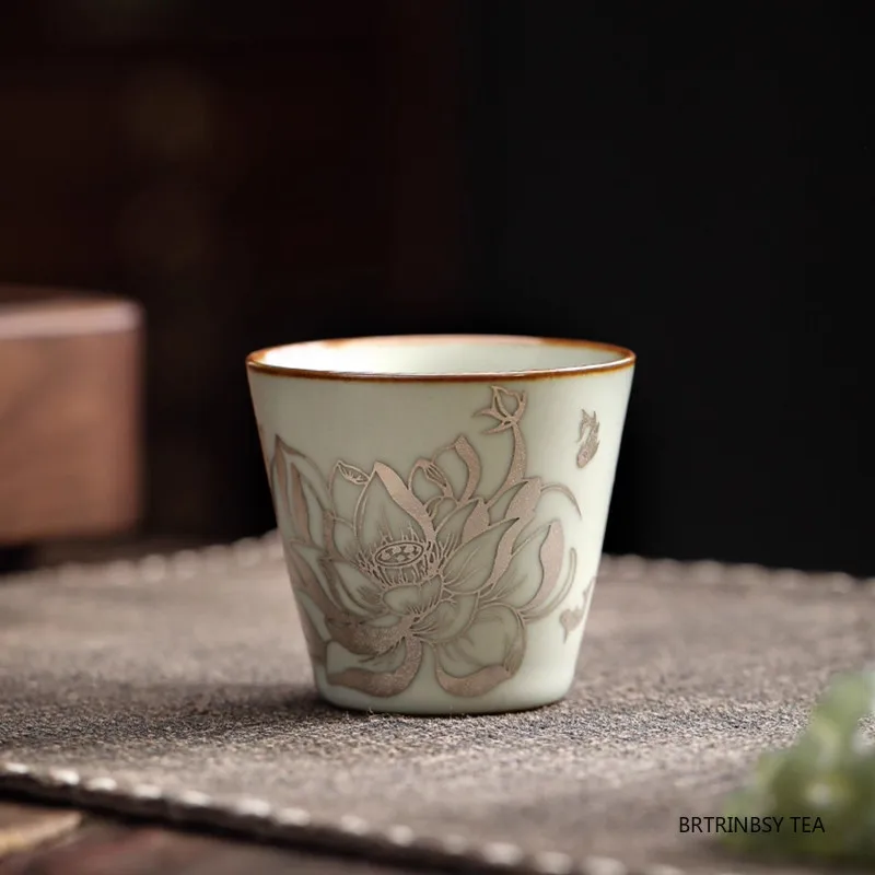 

1 Pc Chinese Handmade Ru Kiln Ceramic Tea Cup Tradition Household Lotus Pattern Teacup Travel Personal Beauty Tea Bowl Teaware