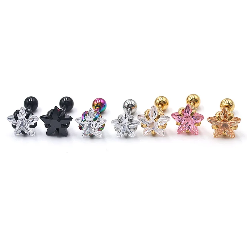 Stainless Steel Thick 1.2*6Mm Ball Sleep Without Picking Five-Pointed Star Zircon Ear Bone Nail Cochlear Small Ear Stud